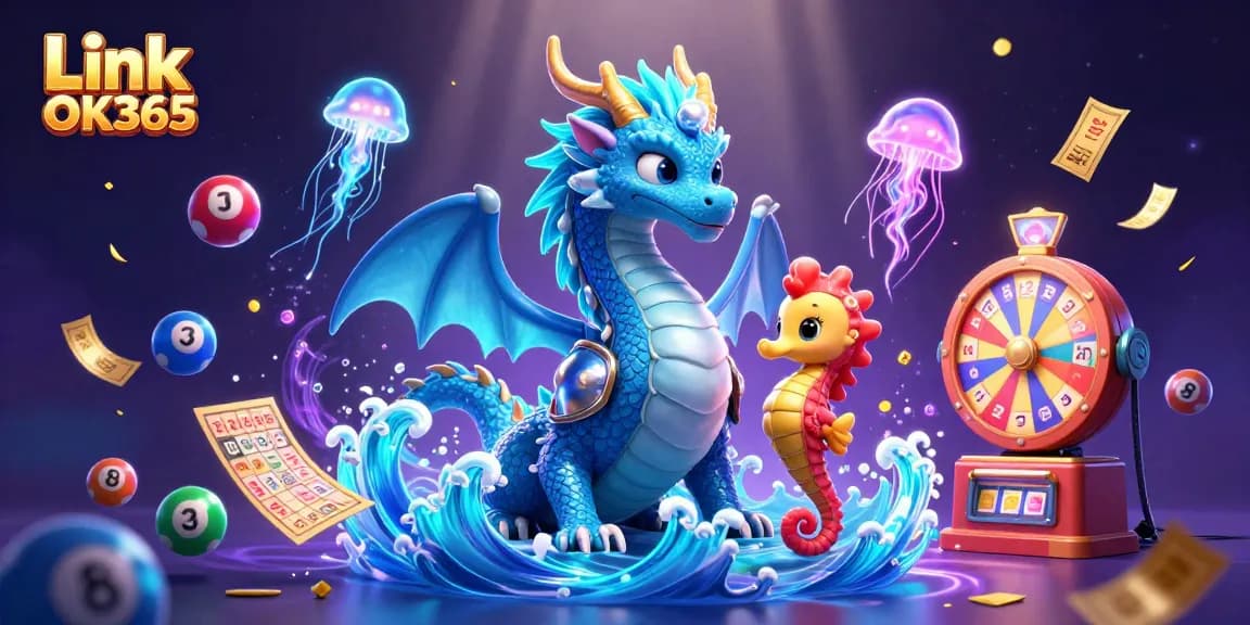 Spin the vibrant world of Link OK365 with an azure dragon, seahorse knight, and colorful lottery elements.