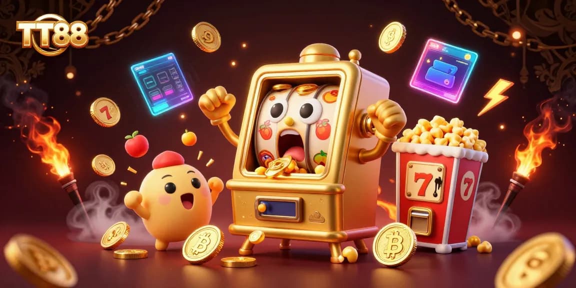TT88 slot machine hitting jackpot as coins flow, surrounded by slot symbols and crypto coins.