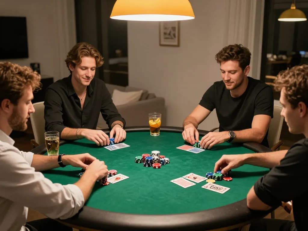 Players enjoying a competitive km777 poker night in a stylish home setting filled with camaraderie and strategy