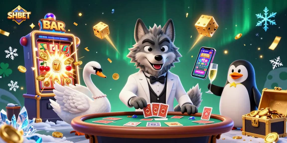 Experience the thrill of SHBET with debonair characters and vibrant casino elements bursting with excitement.