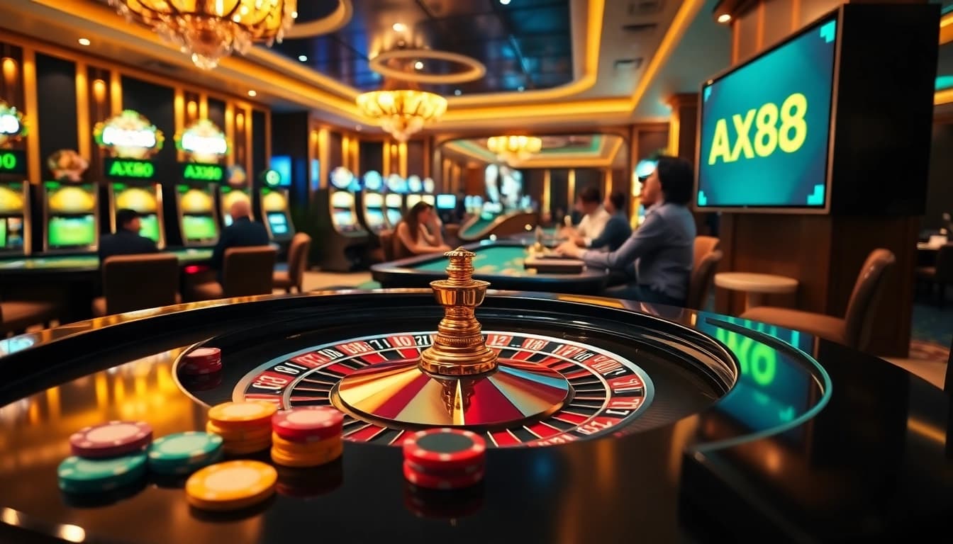 Experience the excitement of betting at AX88 with vibrant roulette and poker scenes.