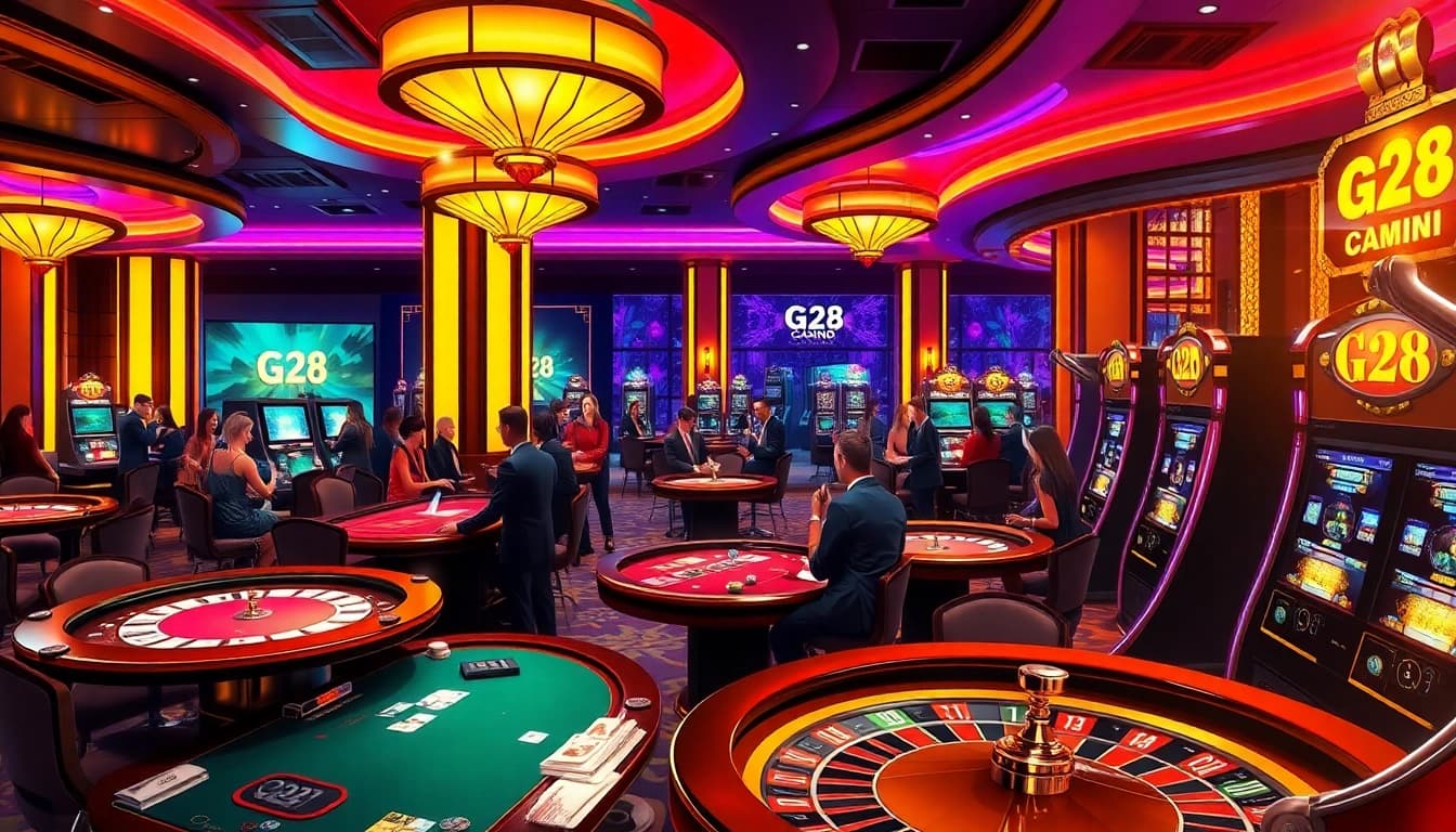Players enjoying table games and slot machines at a luxury casino, with elements of G28 seamlessly integrated into the gaming experience.