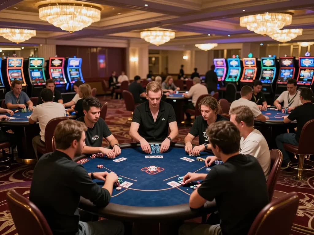 Engaged players at a sky88 poker tournament, showcasing intense gameplay and vibrant casino atmosphere.
