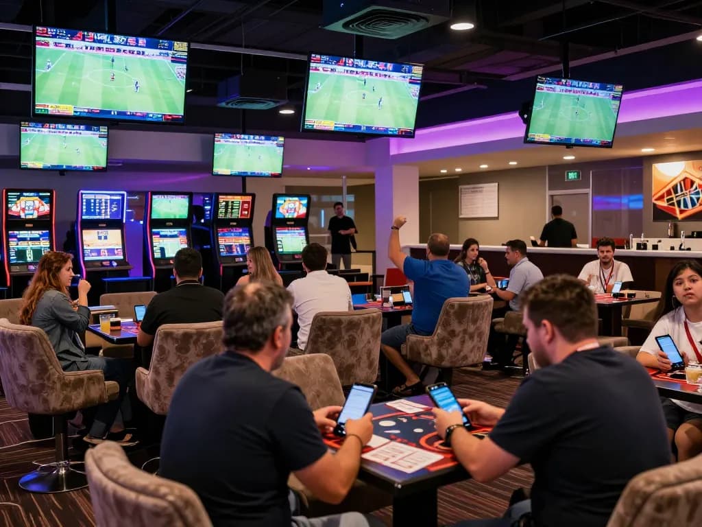 Excited patrons placing bets on mobile devices at a vibrant sports betting lounge at tylekeonhacai88