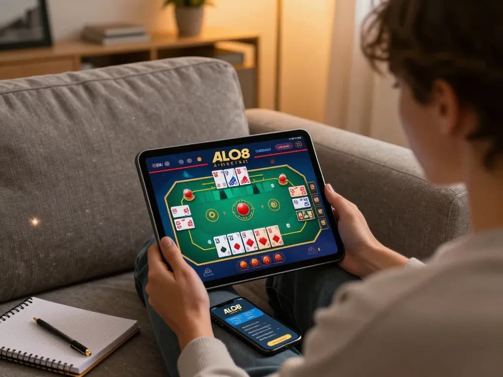 Engaging ALO8 live mobile gaming experience with cozy home setup and active gameplay.