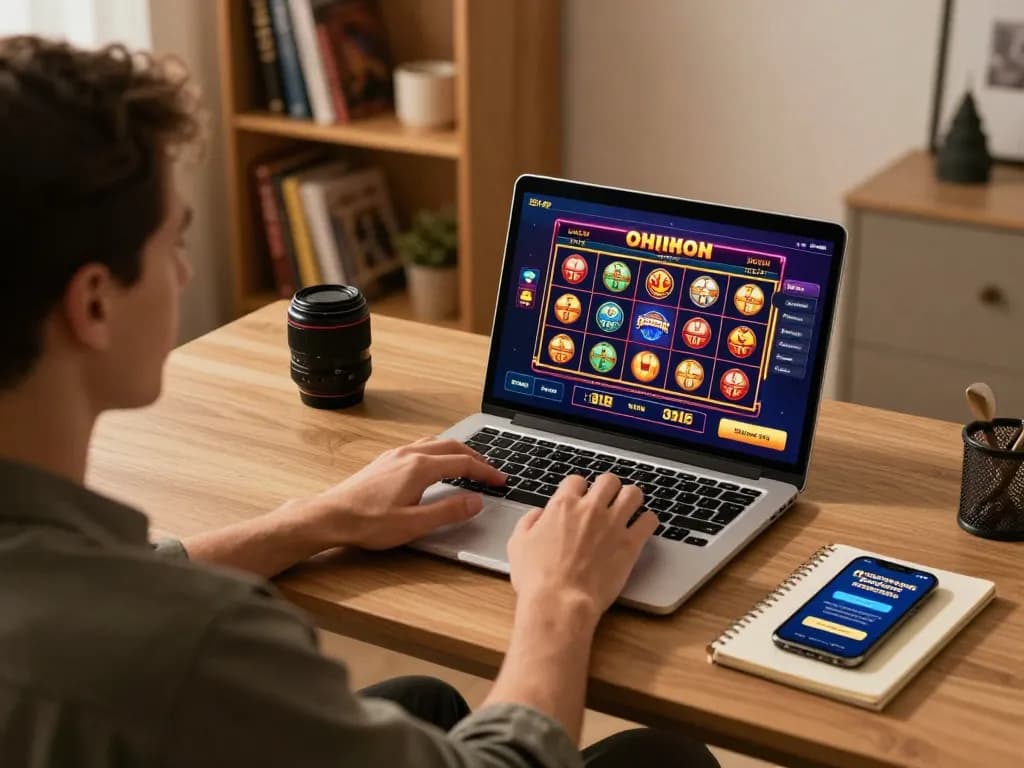 Playing slots on TR88 while focusing on strategy in a home office.