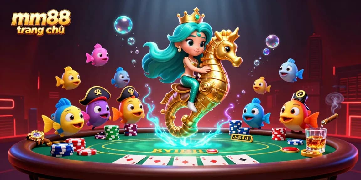 Experience mm88 trang chủ with a vibrant 3D casino scene featuring a mermaid and poker elements.