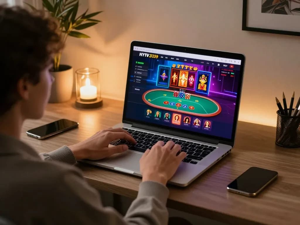 Engaging HYTW3339 đăng nhập experience with player using laptop for online gambling in cozy home setup