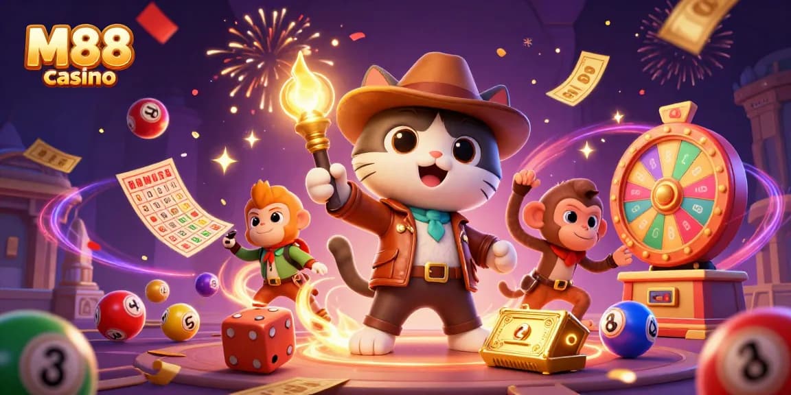 M88 casino illustration of an explorer cat uncovering golden artifacts, set in a vibrant casino theme.