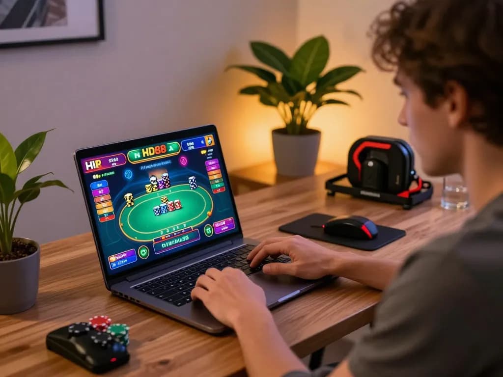 hd88 user engages in online poker gameplay on a laptop in a modern home office setting