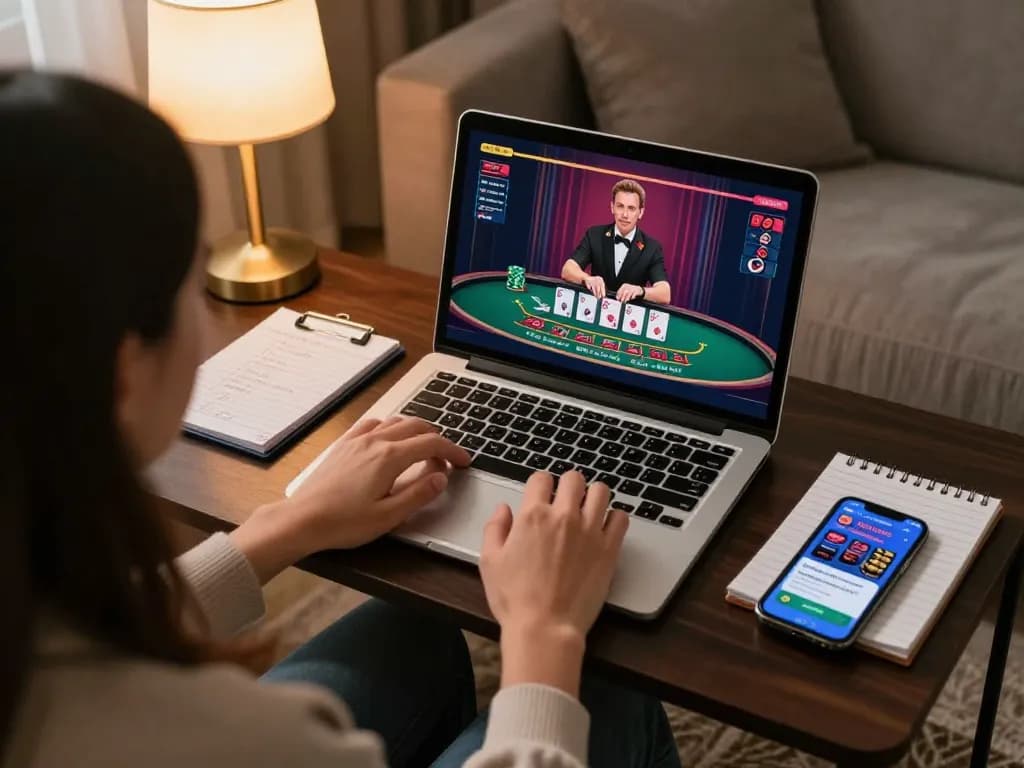 Bong88 user enjoying an online blackjack game on a laptop in a cozy home setting, emphasizing responsible gaming.