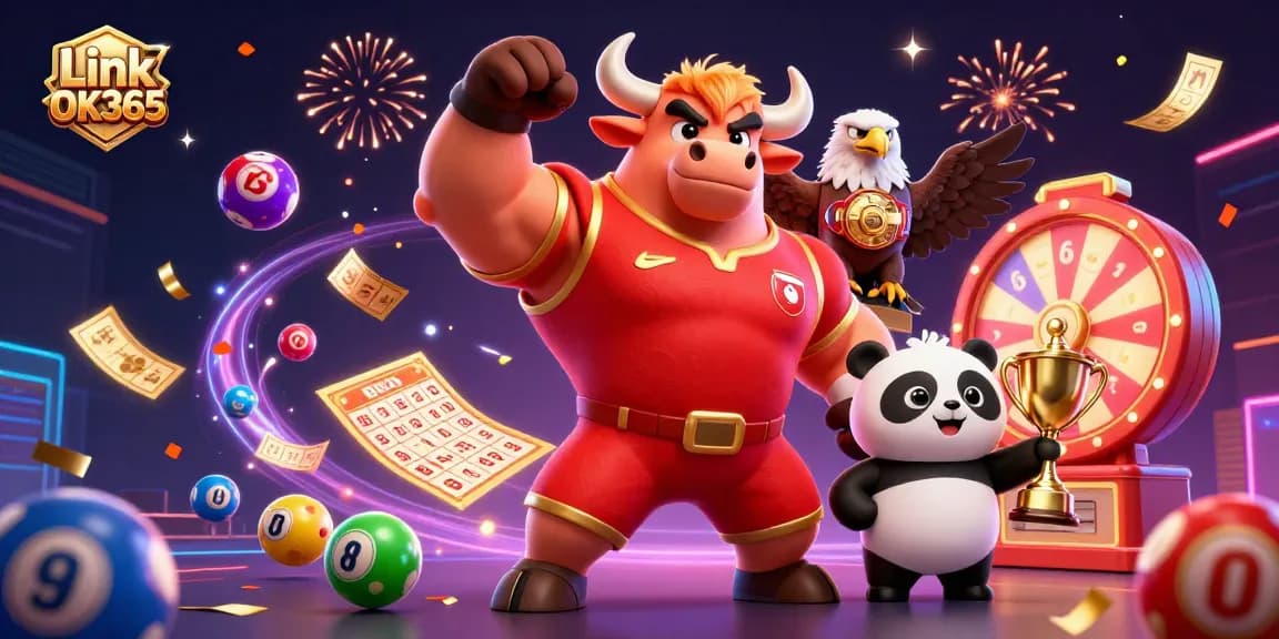 Engage in thrilling casino action with Link OK365 featuring vibrant characters, lottery balls, and dynamic gaming elements.