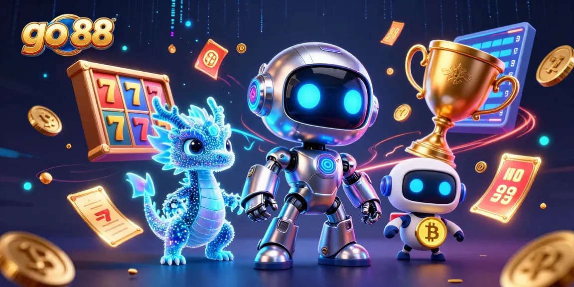 Experience thrilling spins with go 88 as a cyberpunk robot and AI dragon create a vibrant casino atmosphere.