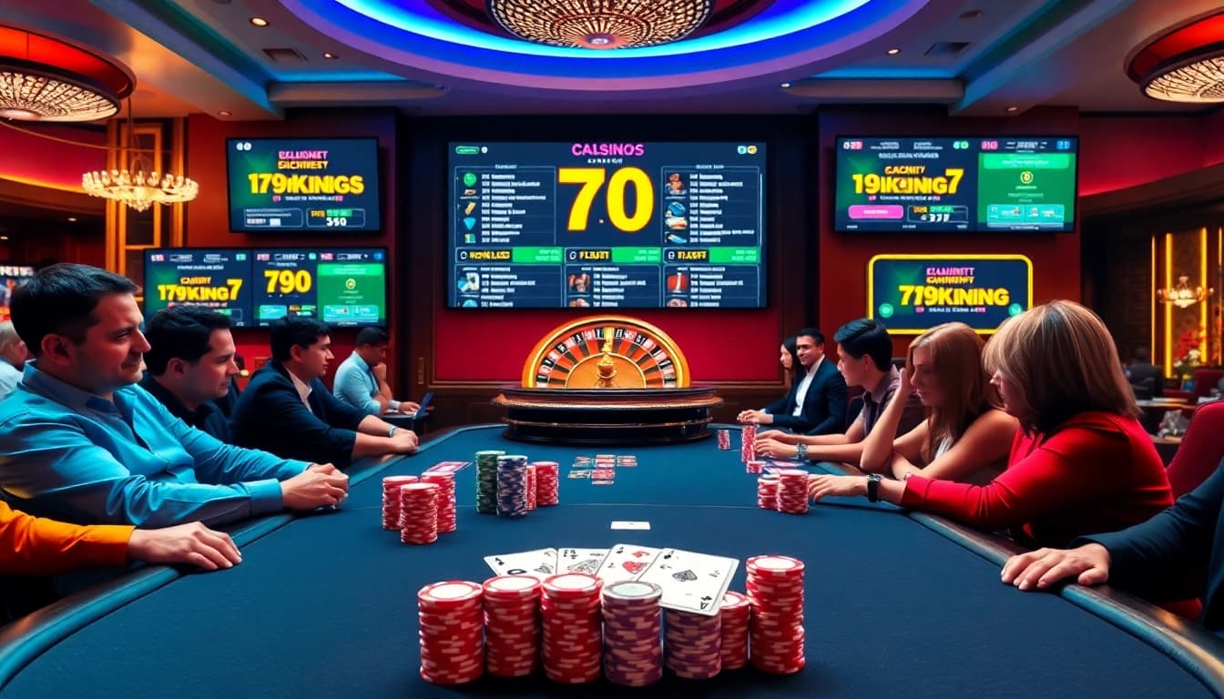 Players engaging at a poker table with vibrant 79king chips, capturing a thrilling casino experience.