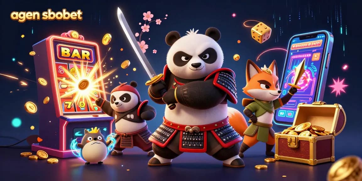Agen sbobet captivates players with a dynamic scene of cartoon characters, slot machines, and casino games.