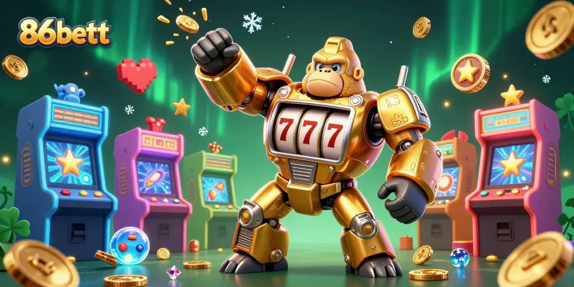Experience thrilling wins with the dynamic 86bettt golden gorilla slot machine character surrounded by colorful gaming elements.