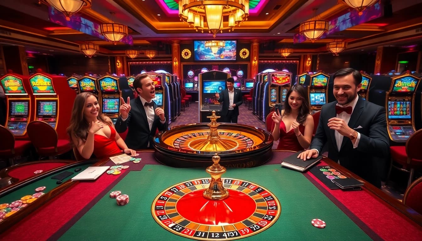 Excited gamblers engaging with cm88 branded casino tables and roulette, amidst vibrant slot machines.