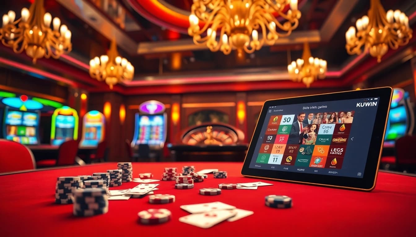Experience thrilling gambling excitement at KUWIN casino with poker chips and vibrant slot machines.