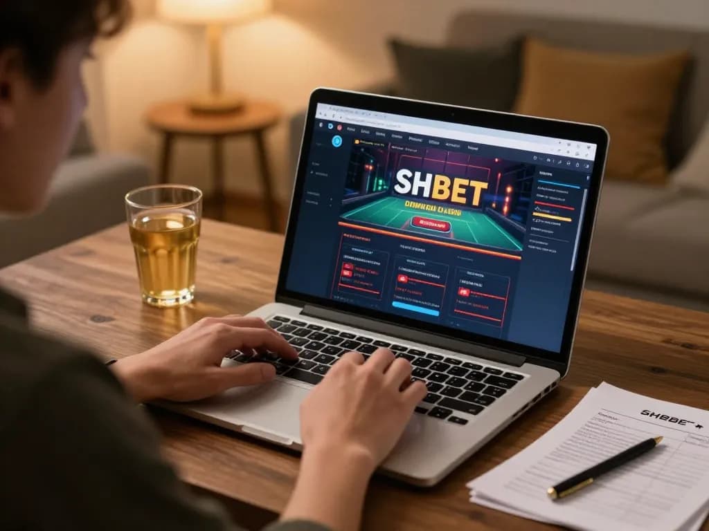 Player engaging with the SHBET online casino interface in a cozy setting, promoting responsible enjoyment.