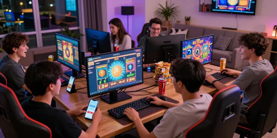 Players enjoying depo pulsa 10k tanpa potongan on colorful online slot machines, surrounded by snacks and drinks.