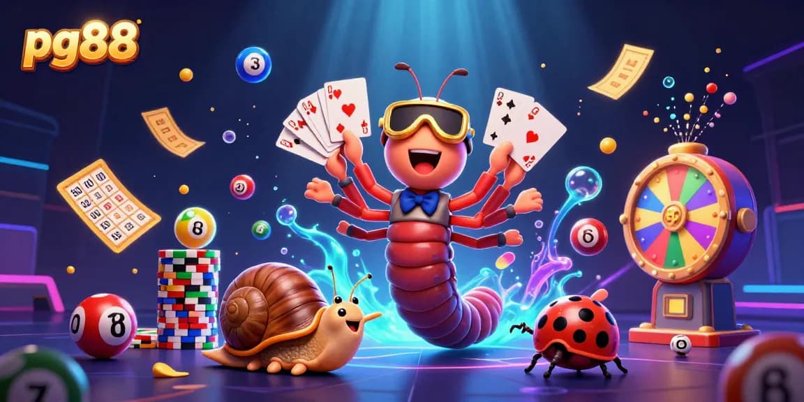 Engage with pg88's vibrant casino atmosphere, featuring a cartoon millipede dealer and high-roller snail amidst colorful gaming elements.