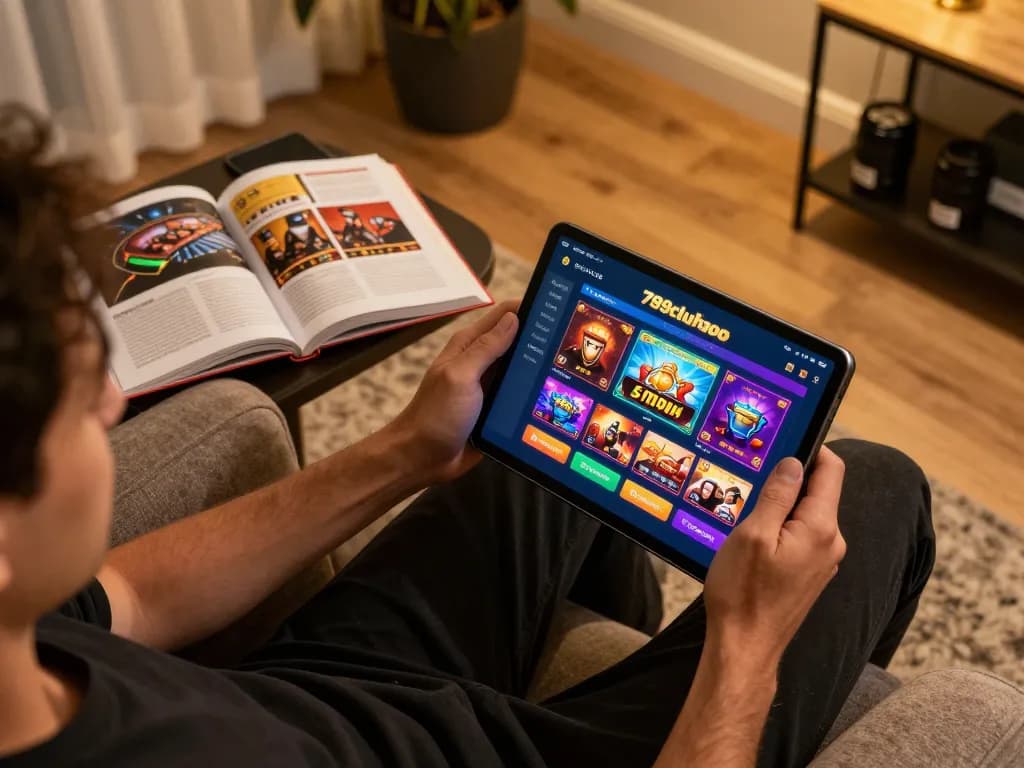 Engaging gameplay scene on 789clubgo mobile app from a cozy home setup with strategy books.