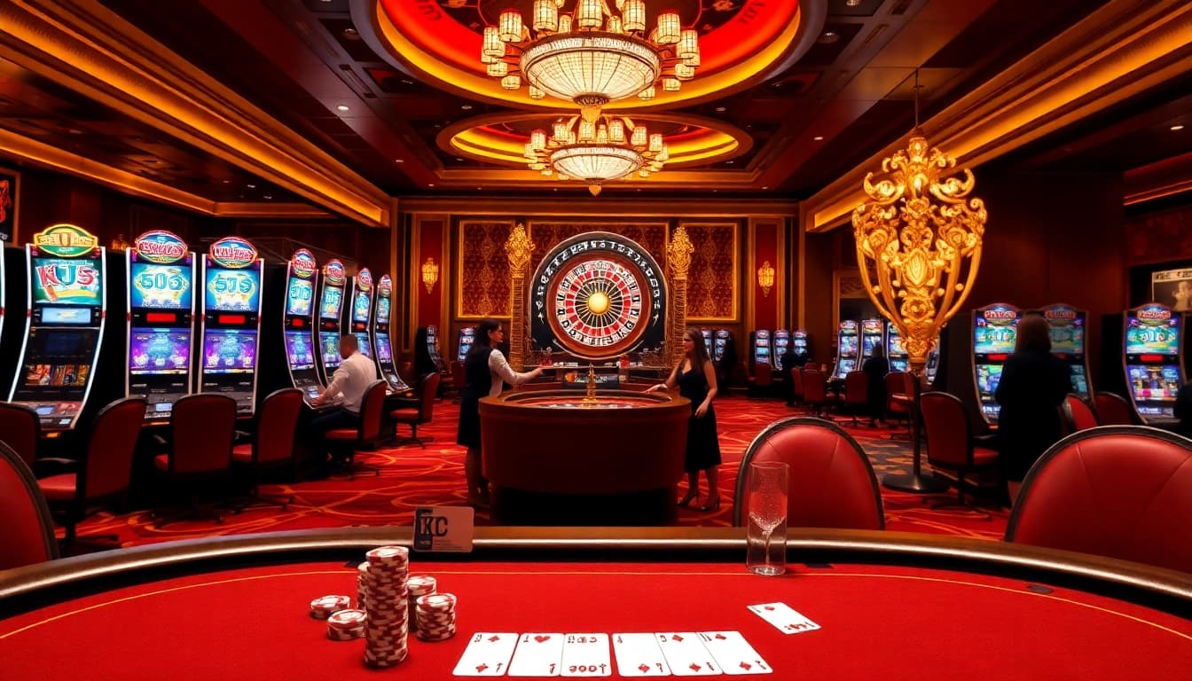 KJC casino image showcasing a vibrant roulette table and slot machines in an elegant atmosphere.
