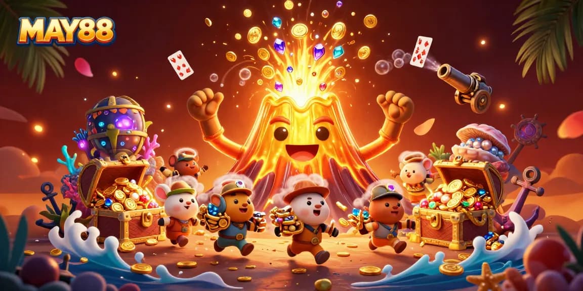 Win big with MAY88 in a thrilling volcano-themed casino illustration filled with treasures.