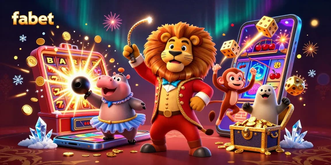Engage with fabet's vibrant casino scene featuring a lion, hippo, monkey, and seal around a slot machine.