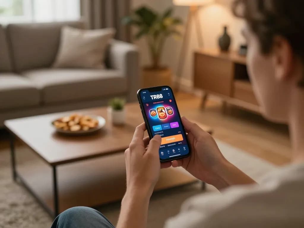 Engaged player using TR88 app on smartphone for online gambling in a cozy living room.