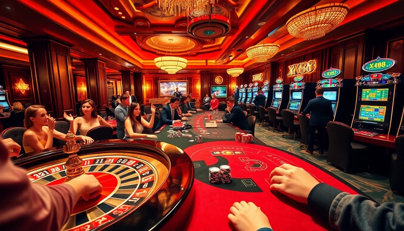 Players enjoying the excitement of gambling at XX88 casino tables with vibrant decor.