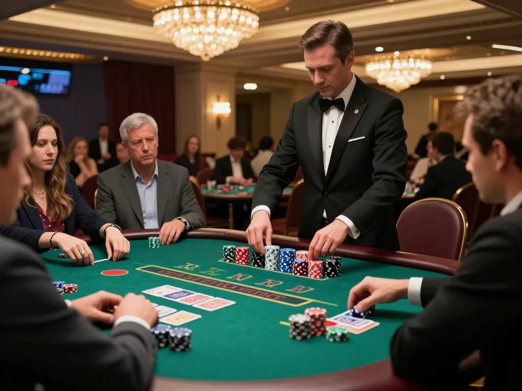 Dafabet players engaging in strategic blackjack at an upscale live casino, showcasing an exciting gaming atmosphere.