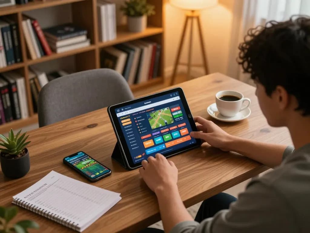 Person analyzing keonhacai betting odds on a tablet at home, showcasing responsible gaming practices.