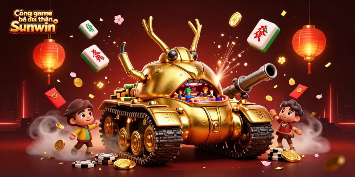 Cổng game bài đổi thưởng Sunwin showcases a vibrant 3D illustration featuring a massive golden beetle tank, revealing a mini casino and overflowing with festive game elements.