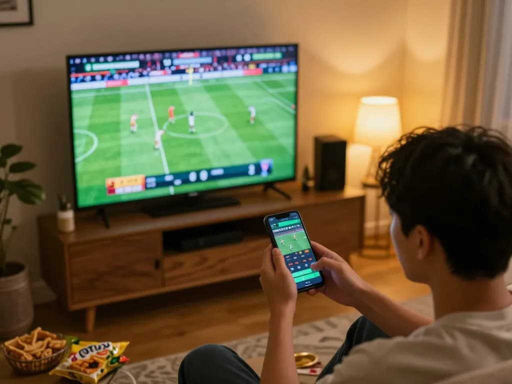 CakhiaTV user placing bets on mobile app while watching live football match, capturing excitement and strategy