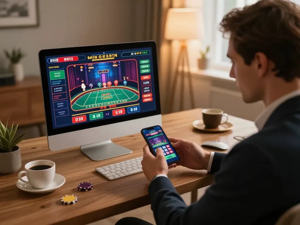Player engaged in thrilling betting on qh88go platform with smartphone in stylish home setting