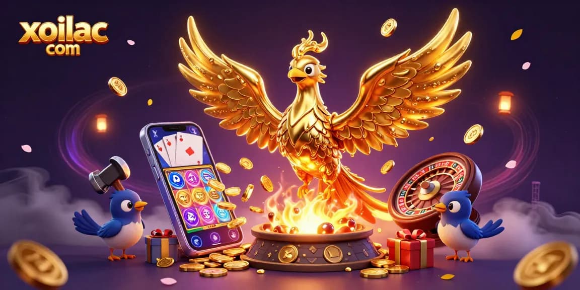 Experience the excitement of xoilac com with a golden phoenix and vibrant casino games in this dynamic scene.