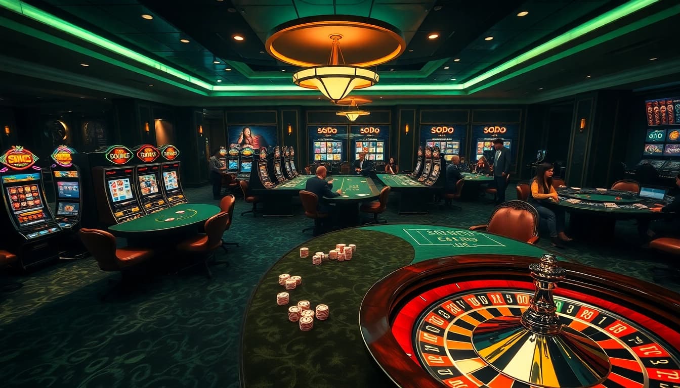 Players enjoying an engaging experience at SODO Casino’s luxurious gaming tables with vibrant decor.