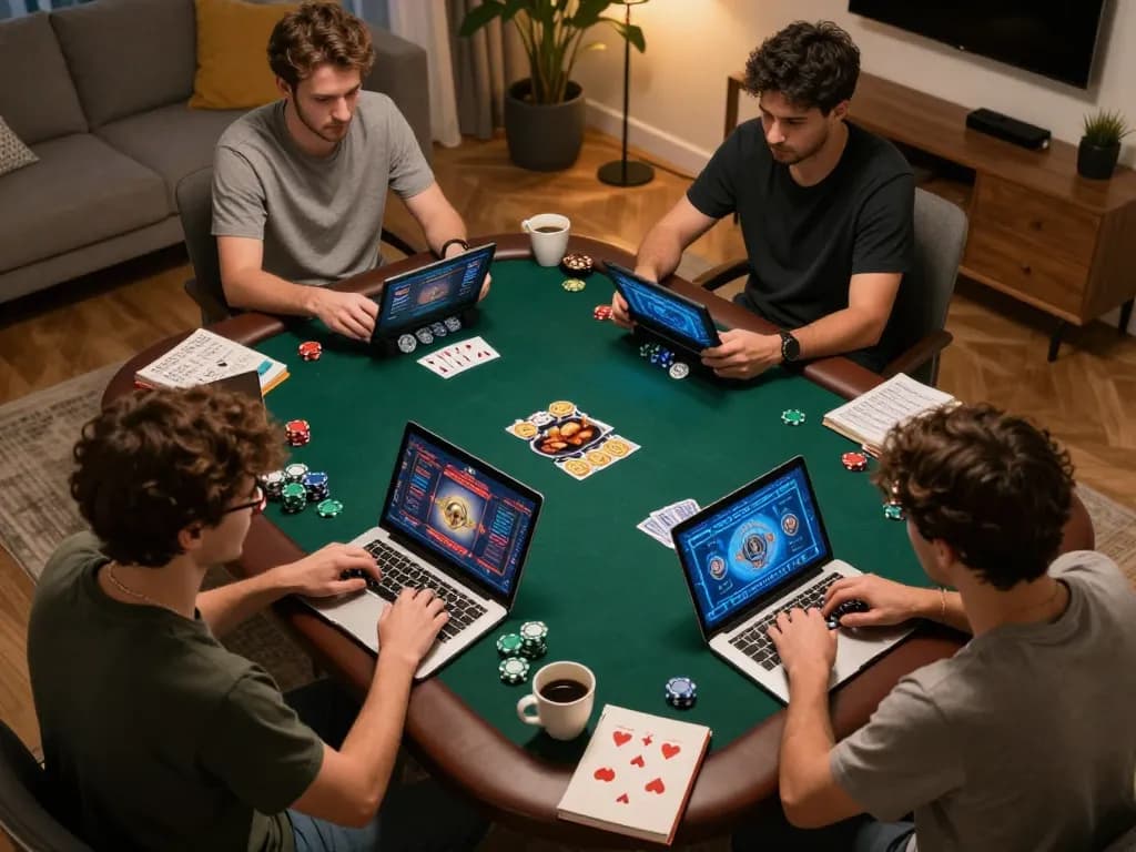 Engaged players enjoy poker at home using THABET, showcasing strategy and excitement.