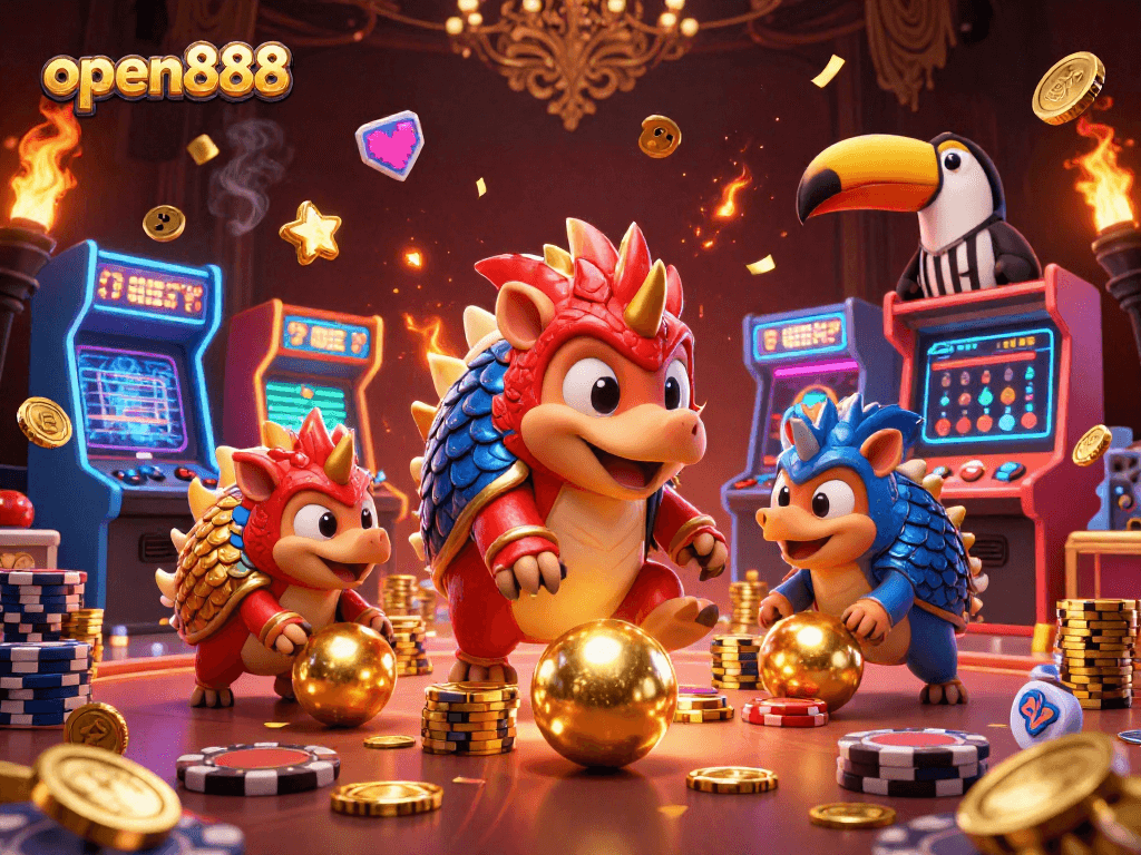open888 pangolins in a vibrant casino-themed scene, bowling through poker chips with dynamic arcade elements.