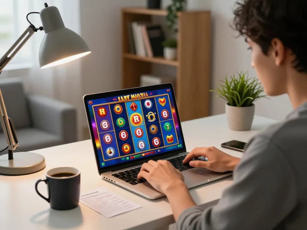 Engaged player spinning Slot Malaysia reels on laptop at home desk, showcasing gaming strategy.