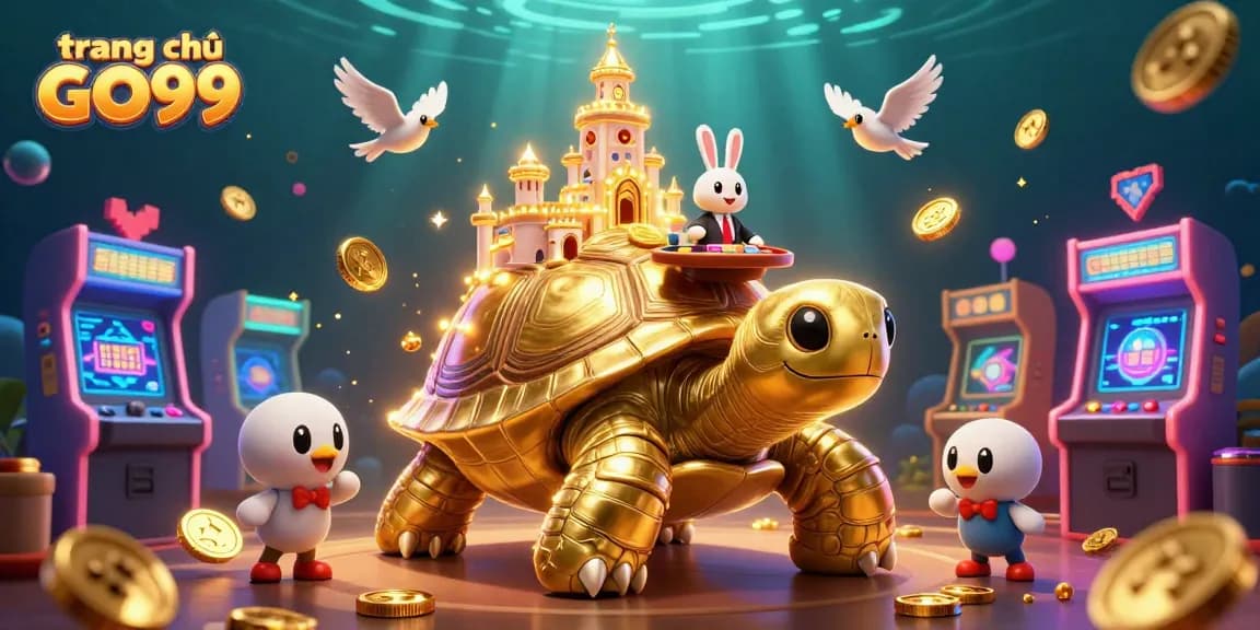 Engaging illustration showcasing the vibrant trang chủ GO99 casino scene with a golden tortoise and rabbit dealer.