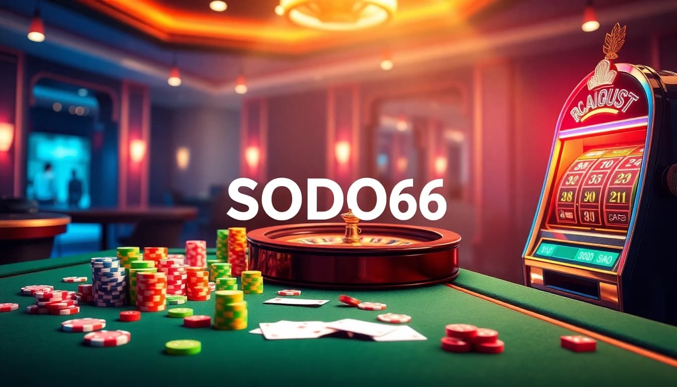 SODO66 gaming interface showcasing vibrant casino elements with chips, cards, and slot machines.