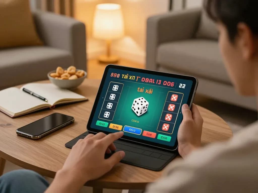 Playing tài xỉu online on a tablet, showcasing a cozy home gaming atmosphere with strategy notes.