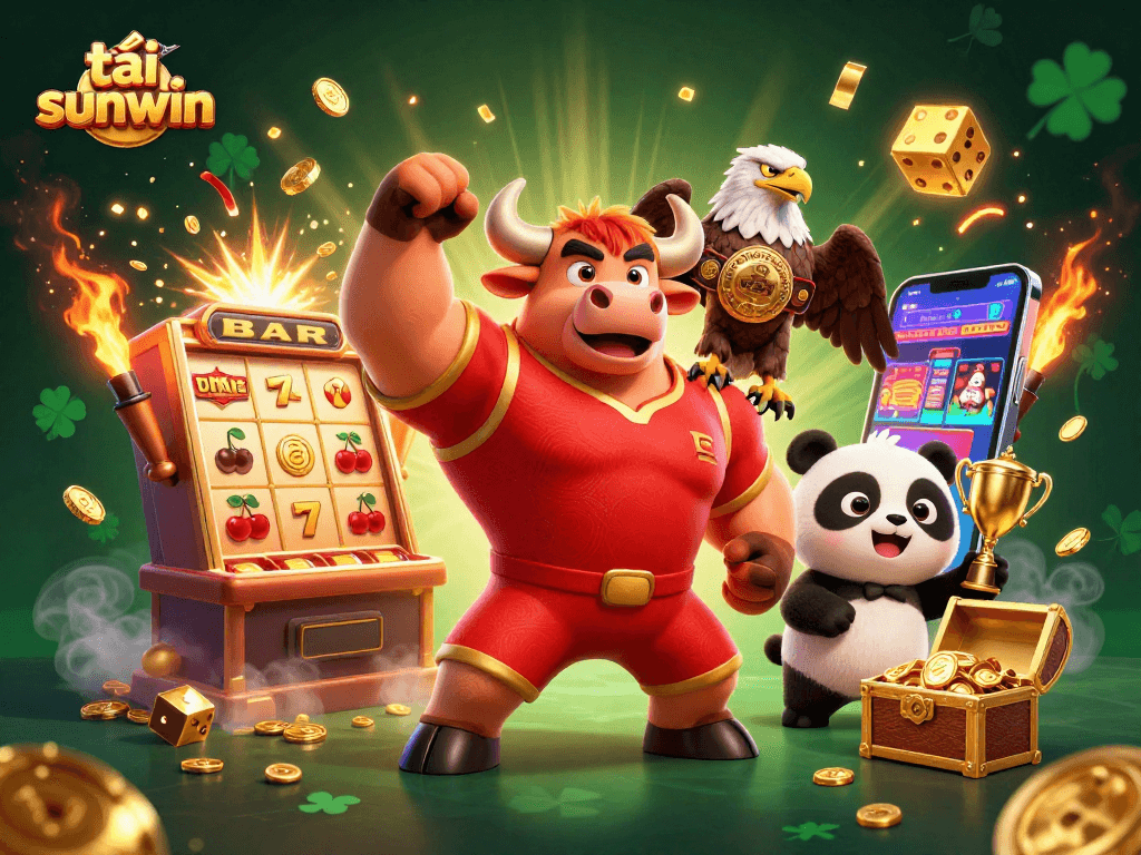 Win big with tải sunwin as a bull mascot, eagle, and panda celebrate casino jackpots.