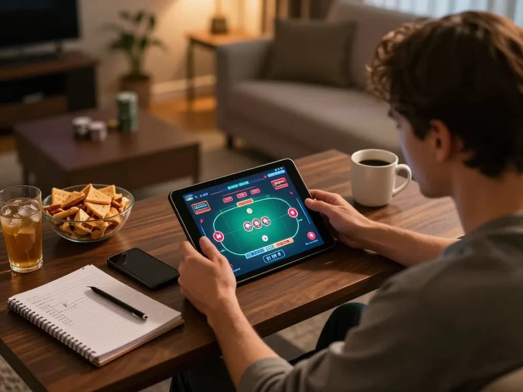 Engaged user at home playing online poker in a cozy setup with mencaicaiuytinn visible on the tablet screen