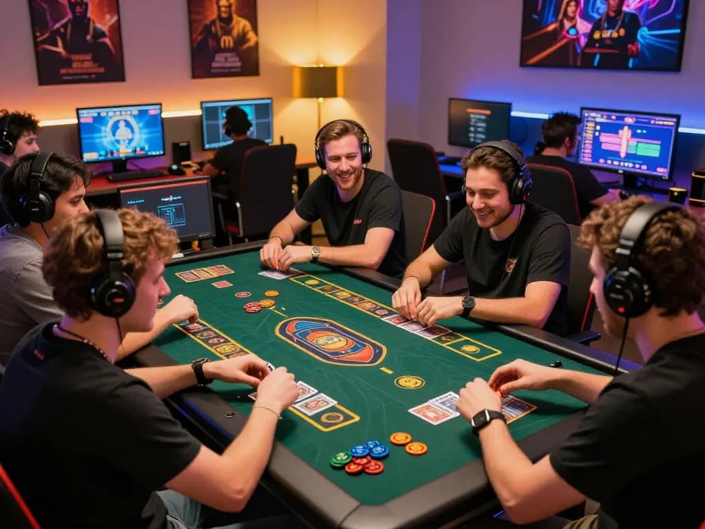 sun win players engaging in vibrant online gaming experience at a modern table, showcasing excitement and camaraderie.