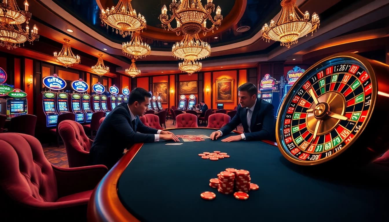 33win poker players at an elegant casino table, showcasing high-stakes gambling excitement.