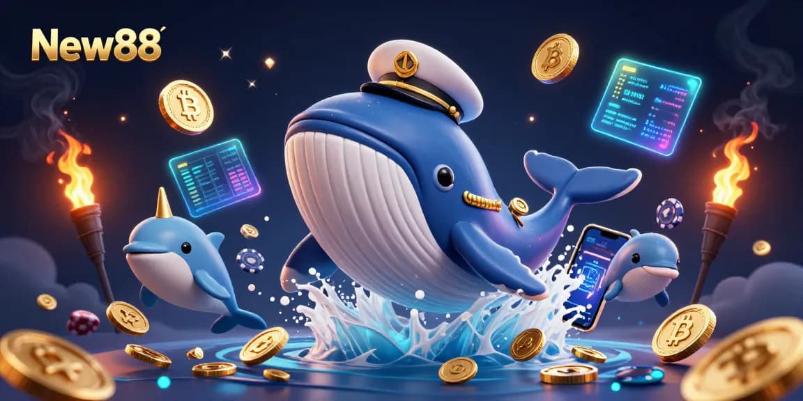 Experience thrilling gameplay at New88 with a 3D whale breaching through coins and vibrant casino elements.