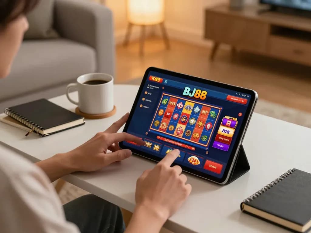 Bj88 gaming session on tablet with vibrant slots displayed.